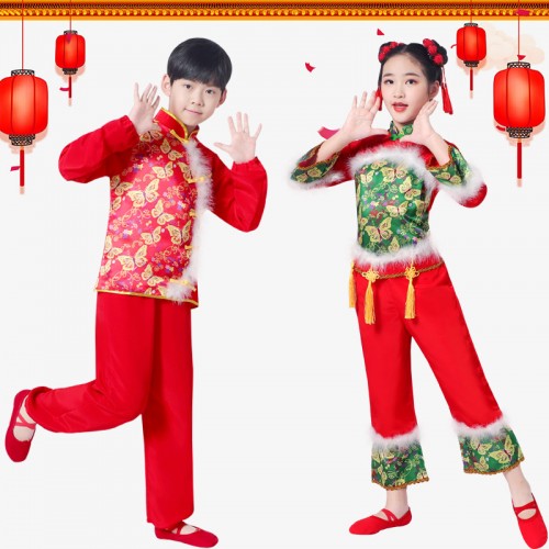 Kids Children New Year's Day Spring Festival festive drum performance clothes lanterns dance dresses for boys girls chinese folk performance clothes 
